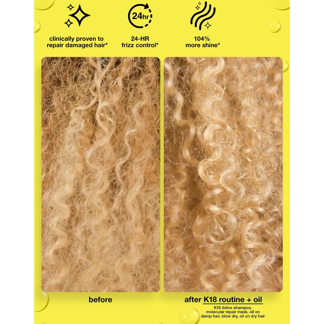 K18 Molecular Hair Repair Oil and Frizz Control 30ml – how to use infographic: apply to damp or dry hair from mid-lengths to ends