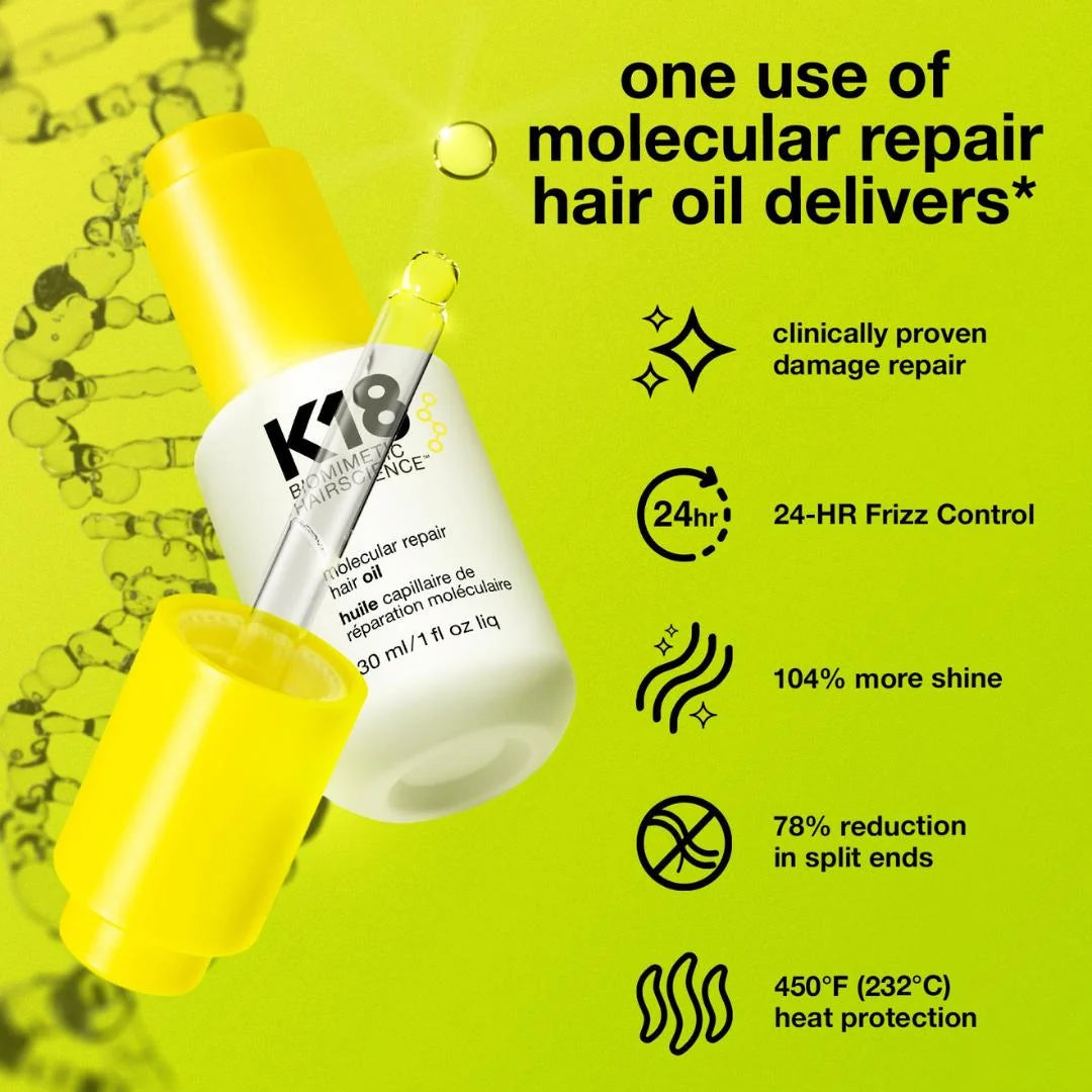 K18 Molecular Hair Repair Oil and Frizz Control 30ml – lightweight oil texture swatch on white background
