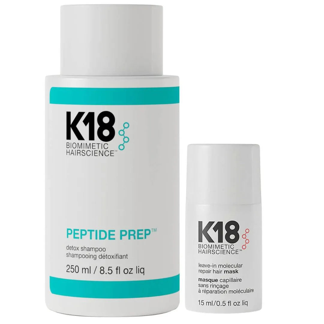 K18 Biometric Hairscience Peptide Prep Detox Shampoo bottle next to a smaller leave-in molecular repair hair mask tube, both on a white background.
