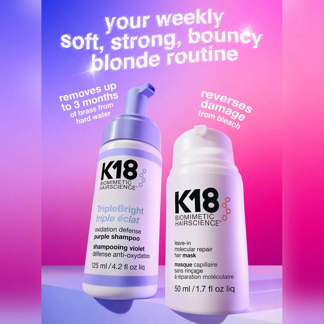 K18 TripleBright purple shampoo protects against oxidation