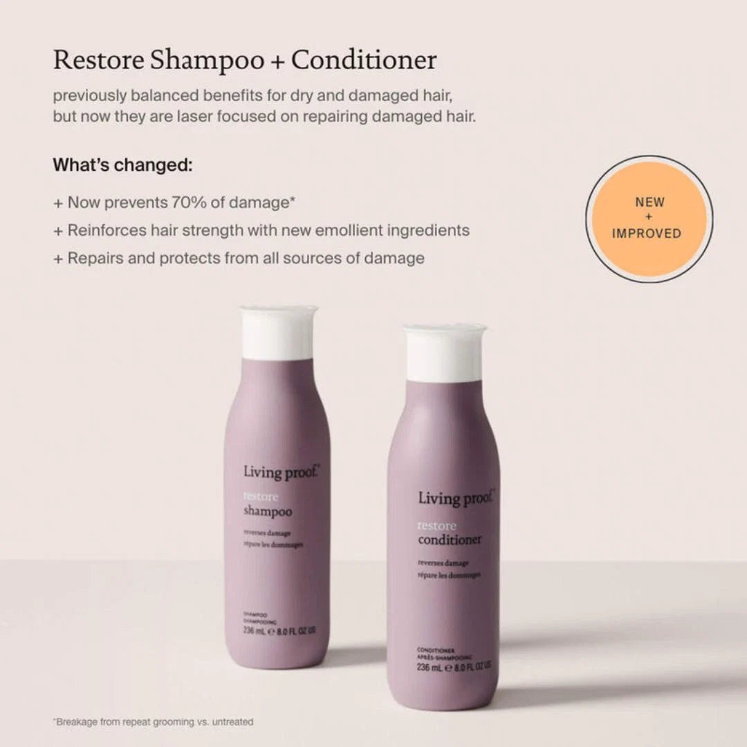Living Proof Restore Conditioner 236ml – how to use infographic: apply after shampooing, leave for 2 minutes and rinse