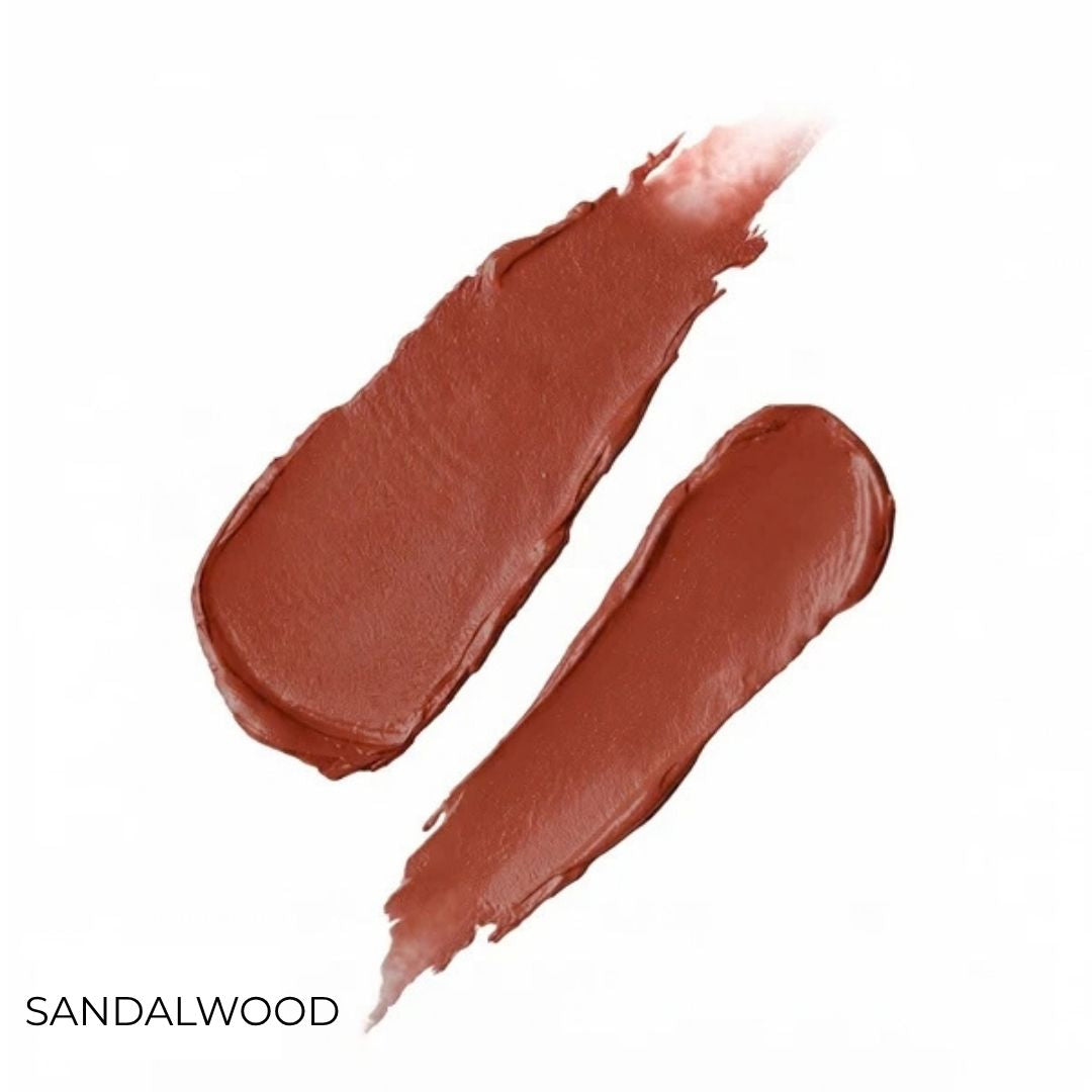 Votary Lip & Cheek Tint creamy texture swatches in the warm brown Sandalwood shade