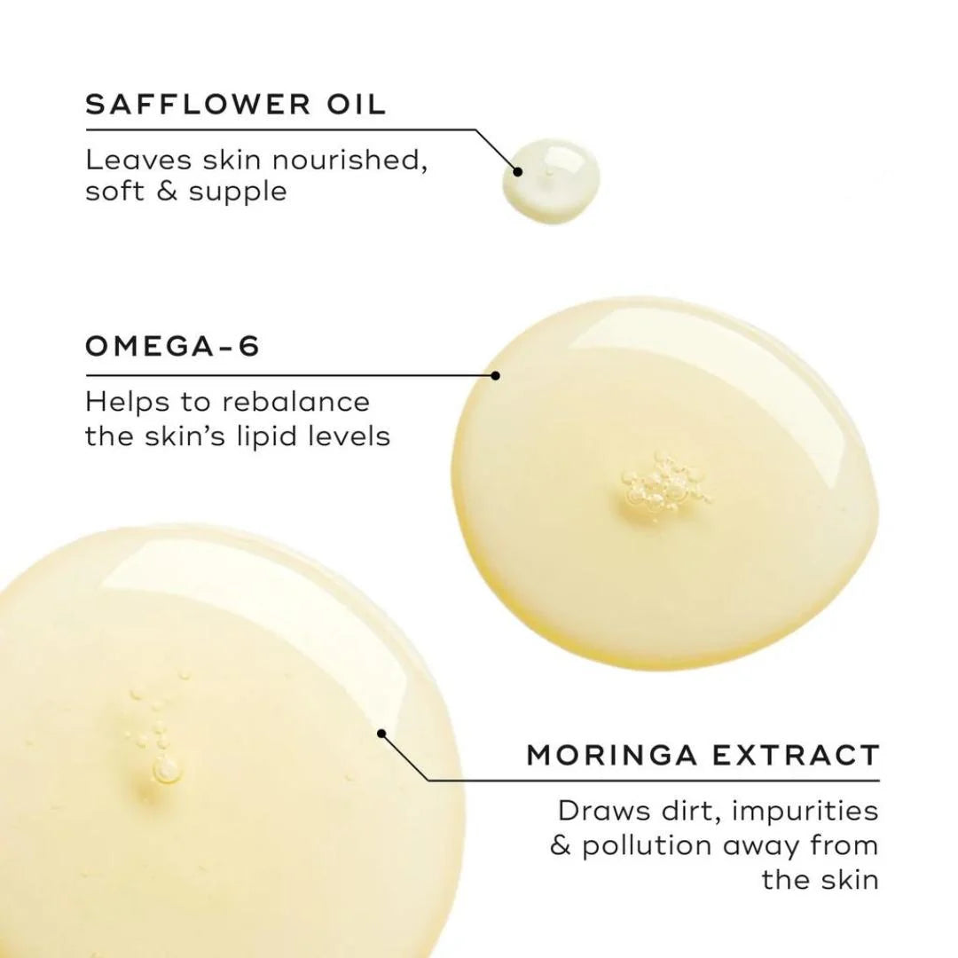 Medik8 Lipid Balance Cleansing Oil 140ml – key ingredient infographic: safflower oil, omega-6 and moringa extract with oil texture swatches