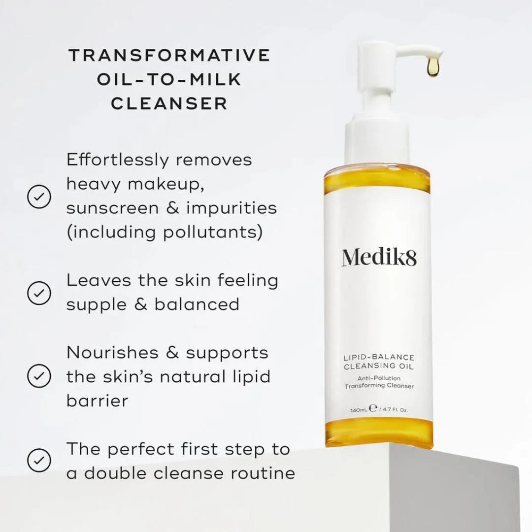 Medik8 Lipid Balance Cleansing Oil 140ml – key benefits infographic: transformative oil-to-milk cleanser, removes makeup, sunscreen and impurities