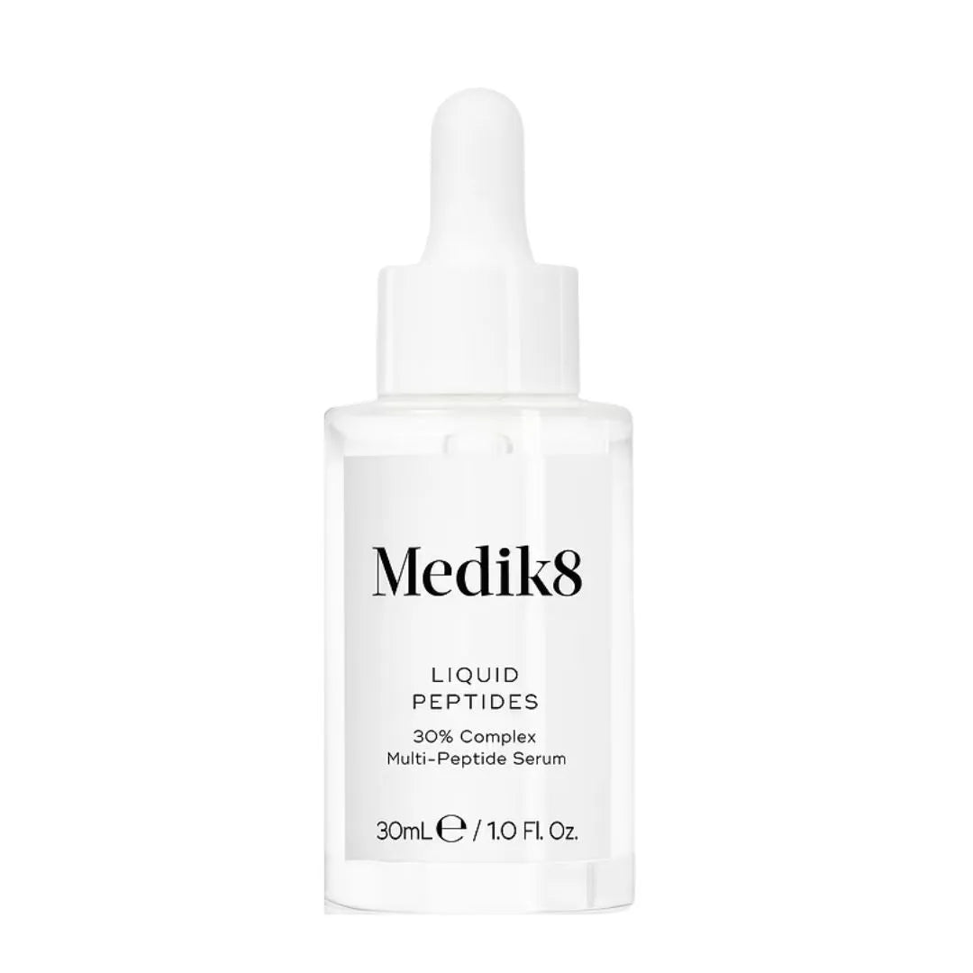 Medik8 Liquid Peptides 30% Complex Multi-Peptide Serum in a 30mL white dropper bottle, shown on a solid white background.