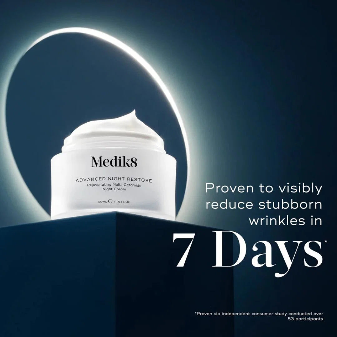 Medik8 Advanced Night Restore Retinol Cream jar on a dark blue pedestal with promotional text reading 'Proven to visibly reduce stubborn wrinkles in 7 Days'.