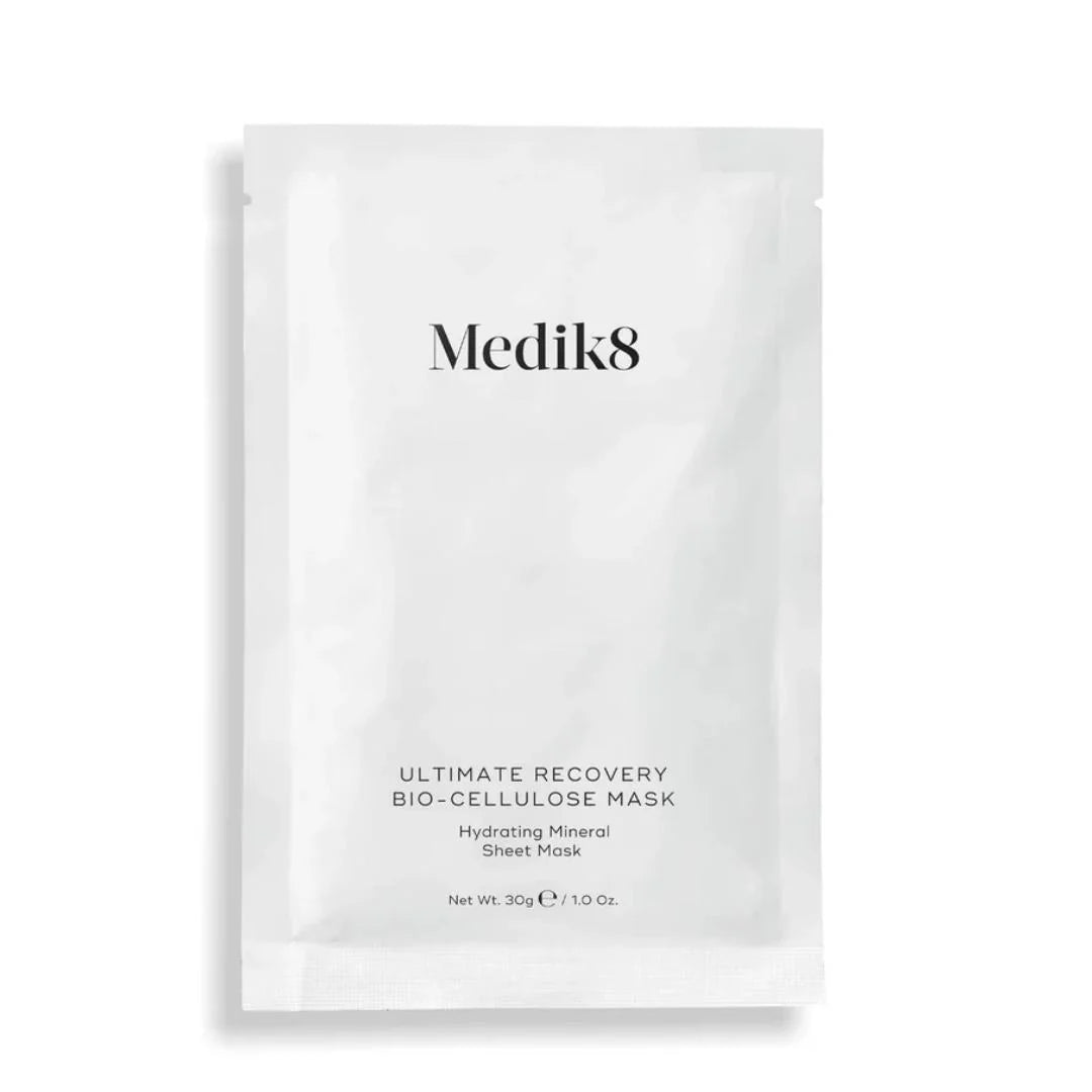A packaged Medik8 Ultimate Recovery Bio-Cellulose Mask, which is a hydration-enhancing skincare product.