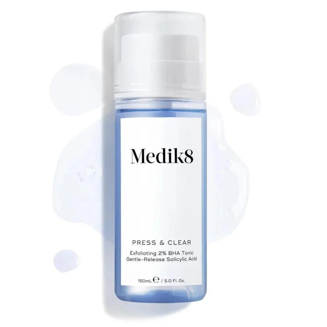 Medik8 Press and Clear Exfoliating 2% BHA Tonic 150ml – front-of-pack product shot on light blue background with bubble graphic detail