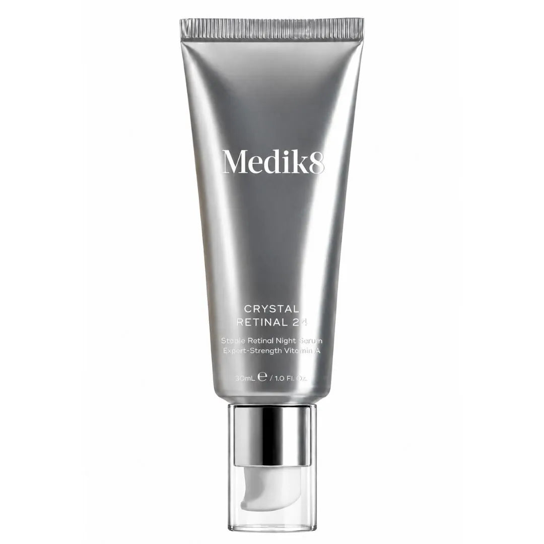 Medik8 Crystal Retinal 24 in a metallic silver squeeze tube with a clear cap, shown on a solid white background.