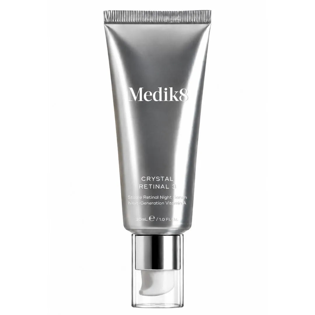 Medik8 Crystal Retinal 3 in a metallic silver squeeze tube with a clear cap, shown on a solid white background.