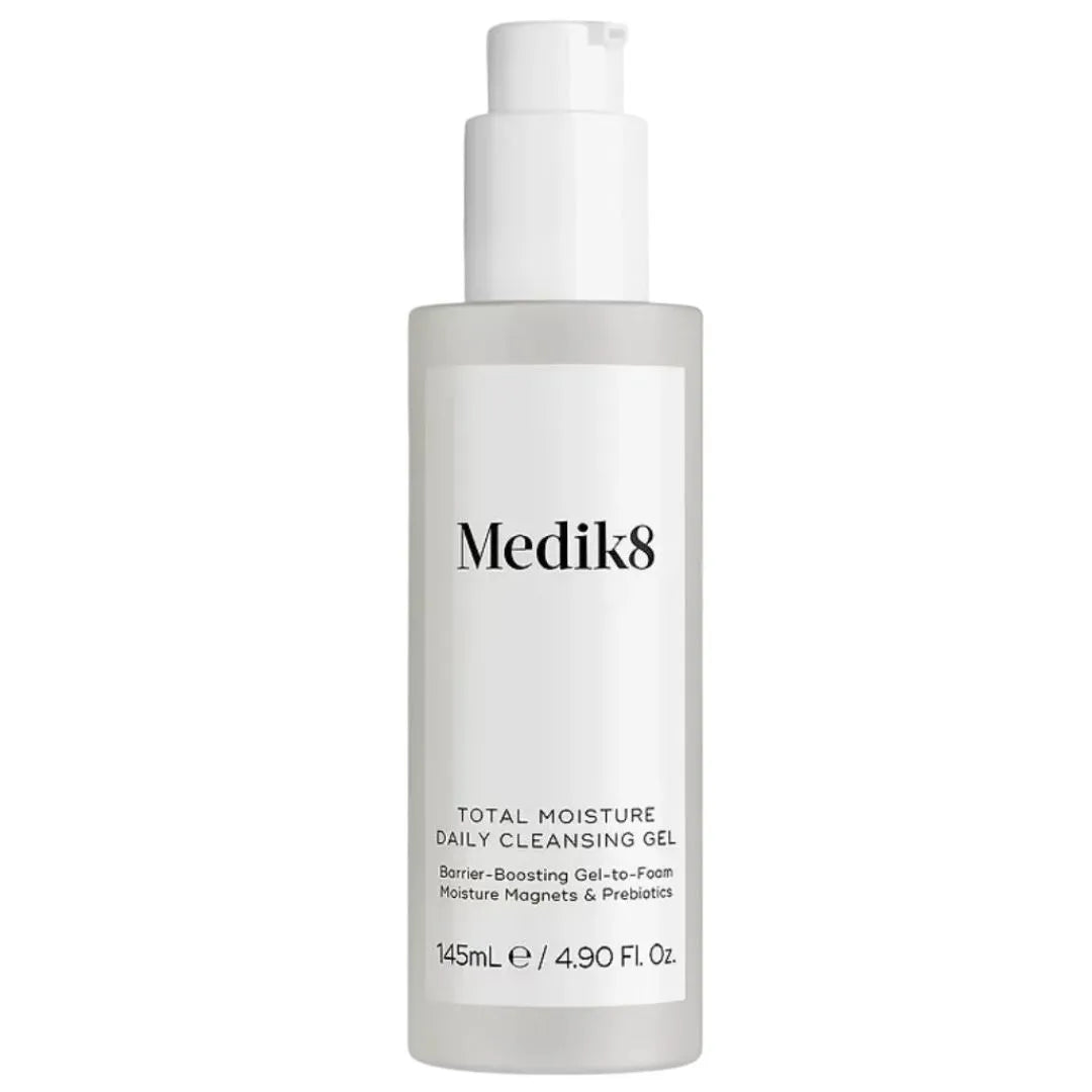 Medik8 Total Moisture Daily Cleansing Gel in a 145 mL frosted white pump bottle, shown against a plain white background.