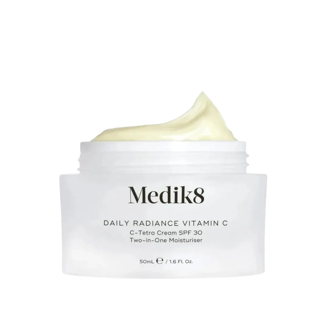 Medik8 Daily Radiance Vitamin C-Tetra Cream SPF 30 50ml – front-of-pack product shot with cream swatch on white background