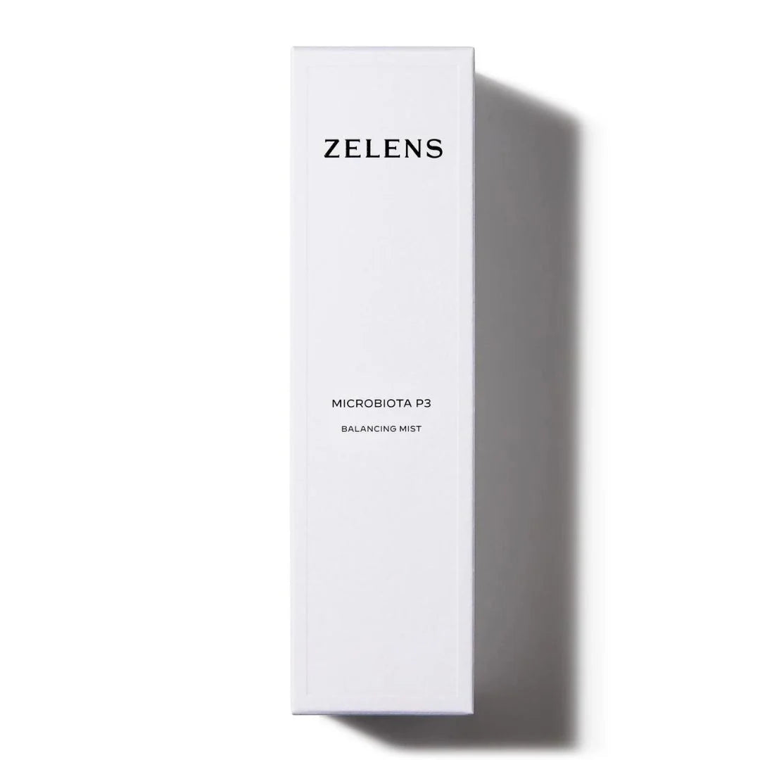 Zelens Microbiota P3 Probiotic Balancing Mist 50ml – product shot with key formula callout on beige background
