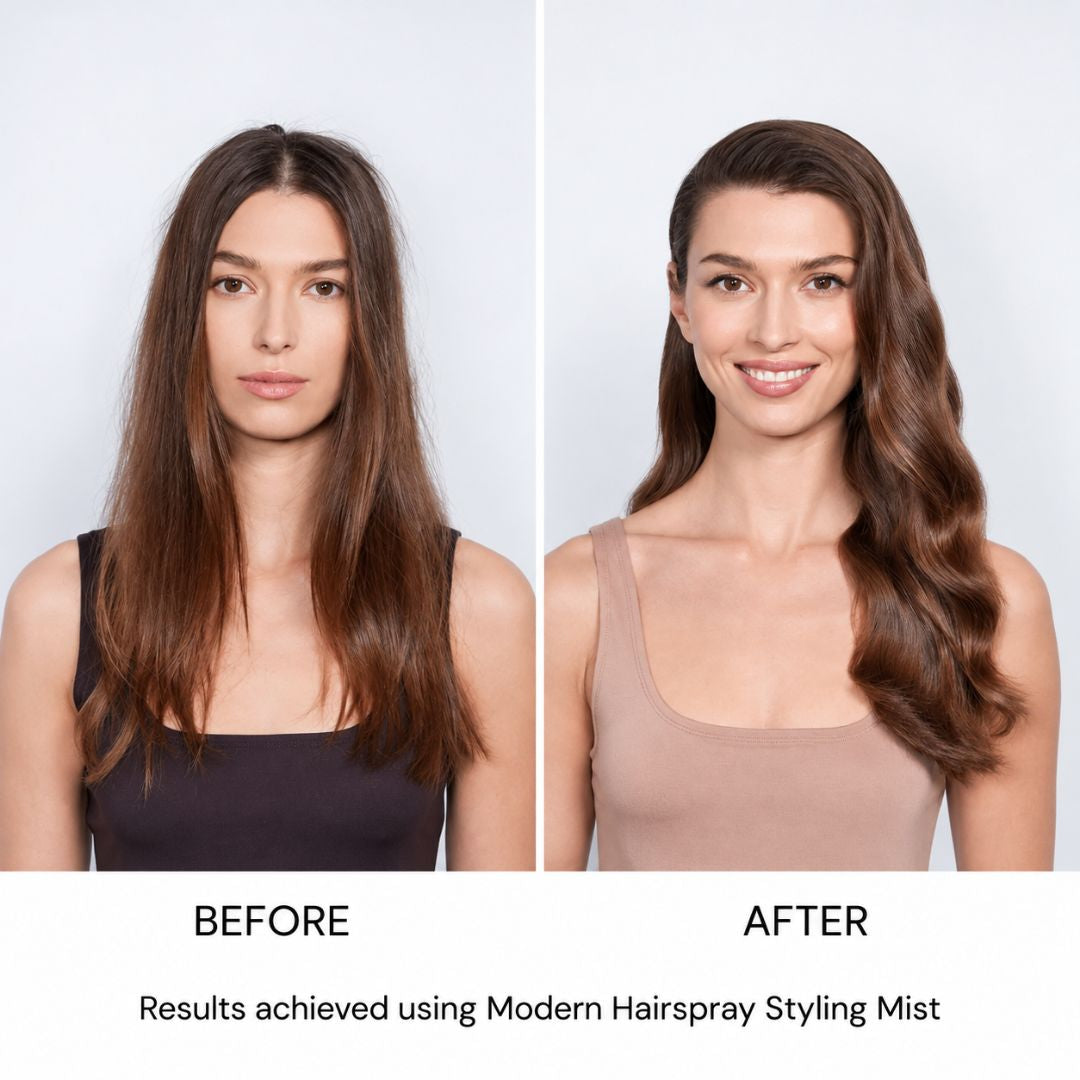 Before and after styling with Hair by Sam McKnight Modern Hairspray, smoother waves with natural shine