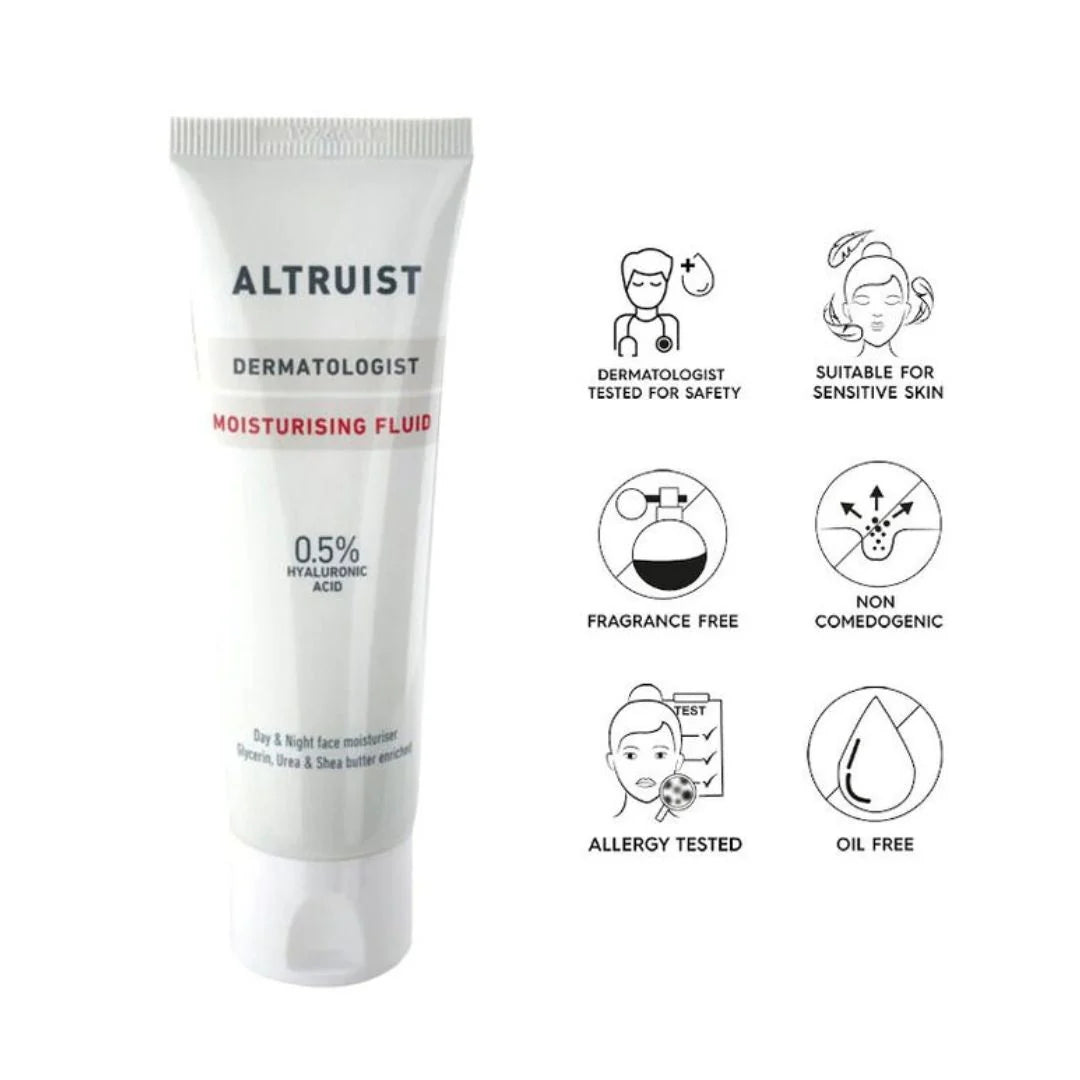 Altruist Dermatologist Moisturising Fluid with 0.5% Hyaluronic Acid 50ml – key benefits infographic: deeply hydrates with 0.5% hyaluronic acid for plump, smooth skin