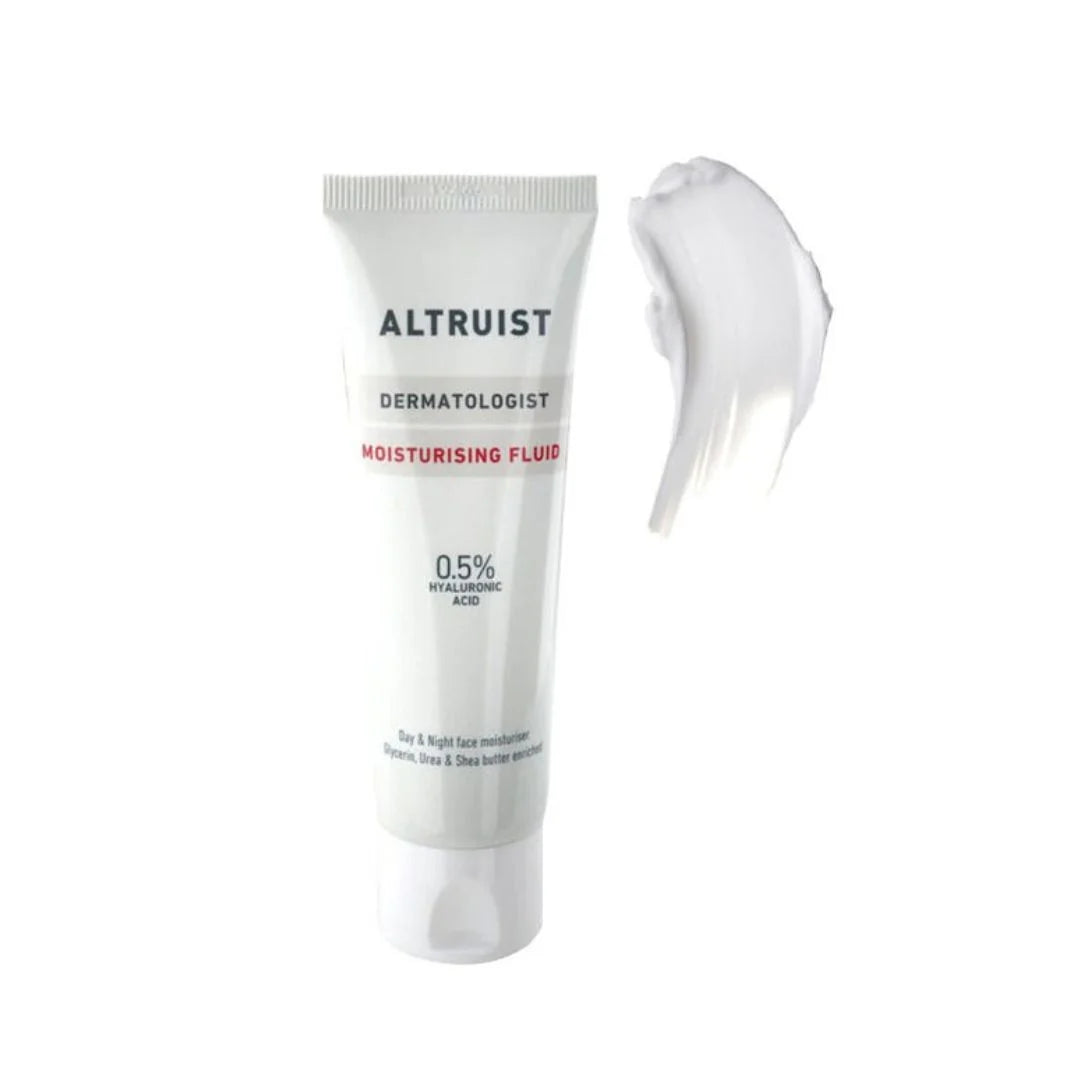 Altruist Dermatologist Moisturising Fluid with 0.5% Hyaluronic Acid 50ml – lightweight fluid texture swatch on white background
