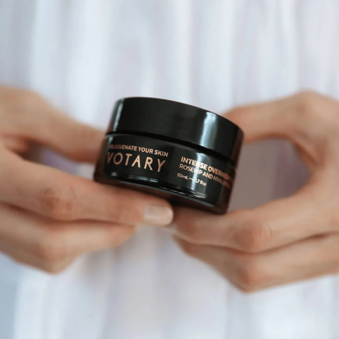 Votary Intense Overnight Mask Rosehip & Hyaluronic 50ml – product and box packaging shot on white background