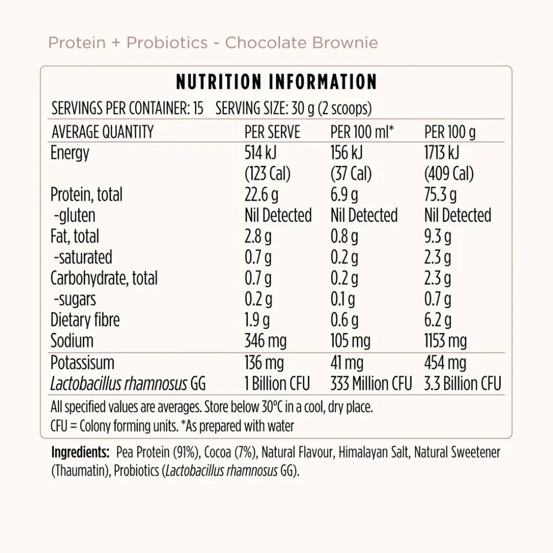 Nutrition information label for a protein and probiotics product with vanilla bean flavor.