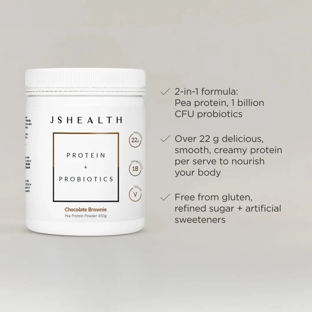 JS Health Protein + Probiotics container with product details on a light gray background