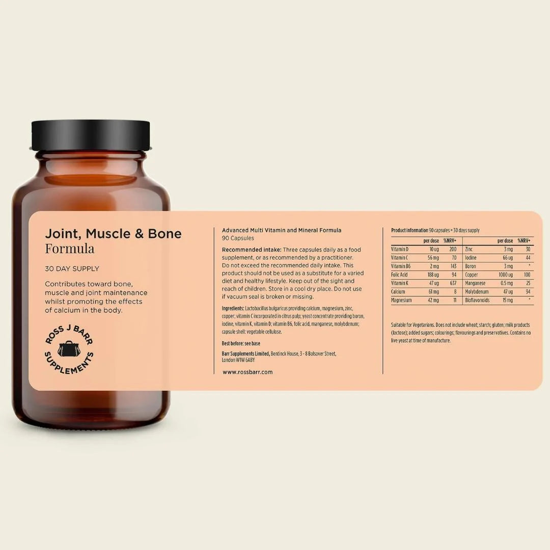 Ross J. Barr Joint Muscle and Bone Formula 90 tablets – key benefits infographic: supports joint flexibility, muscle function and bone density with vitamin D2 and K3