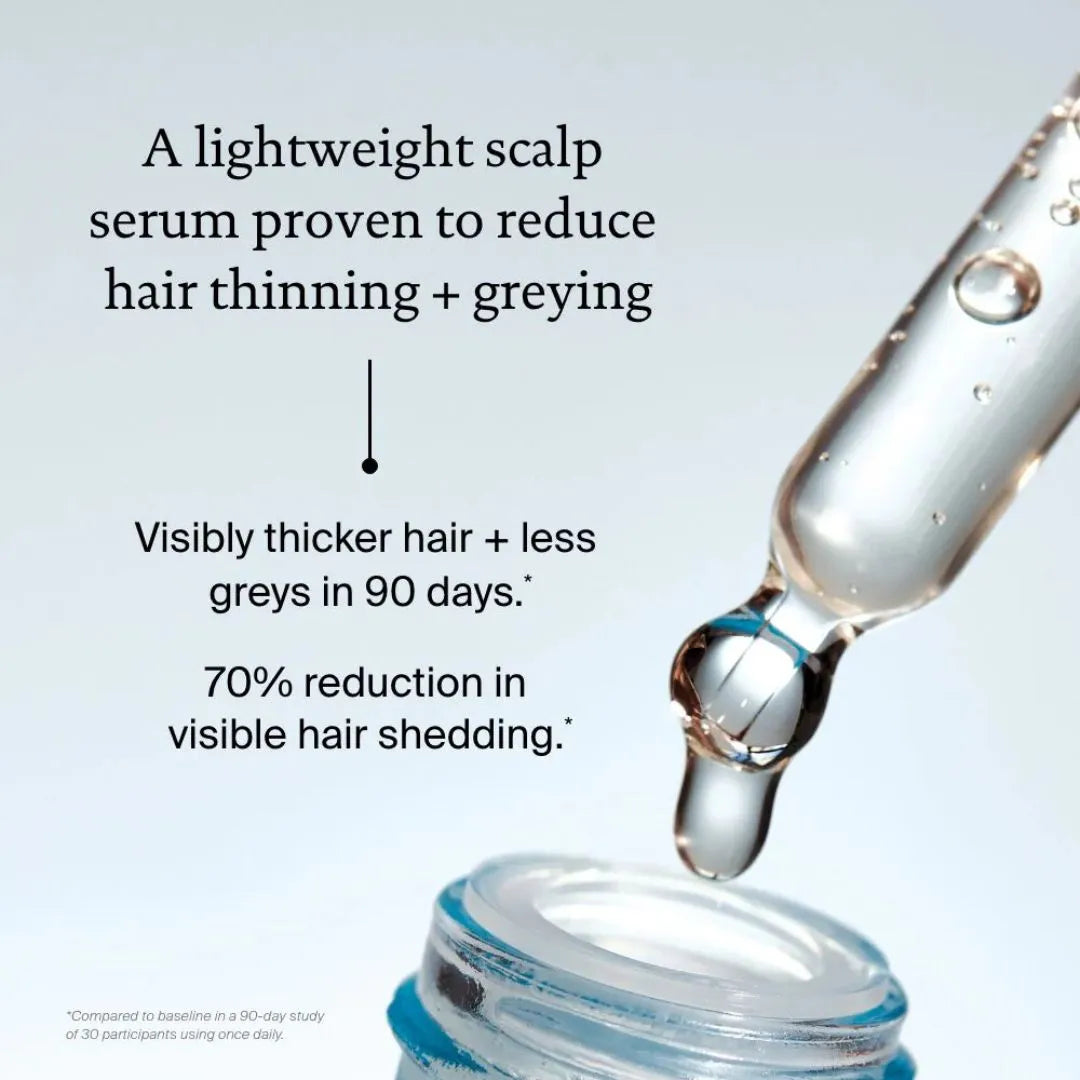 Lightweight scalp serum dropper with text about hair thinning, greying, and shedding reduction.