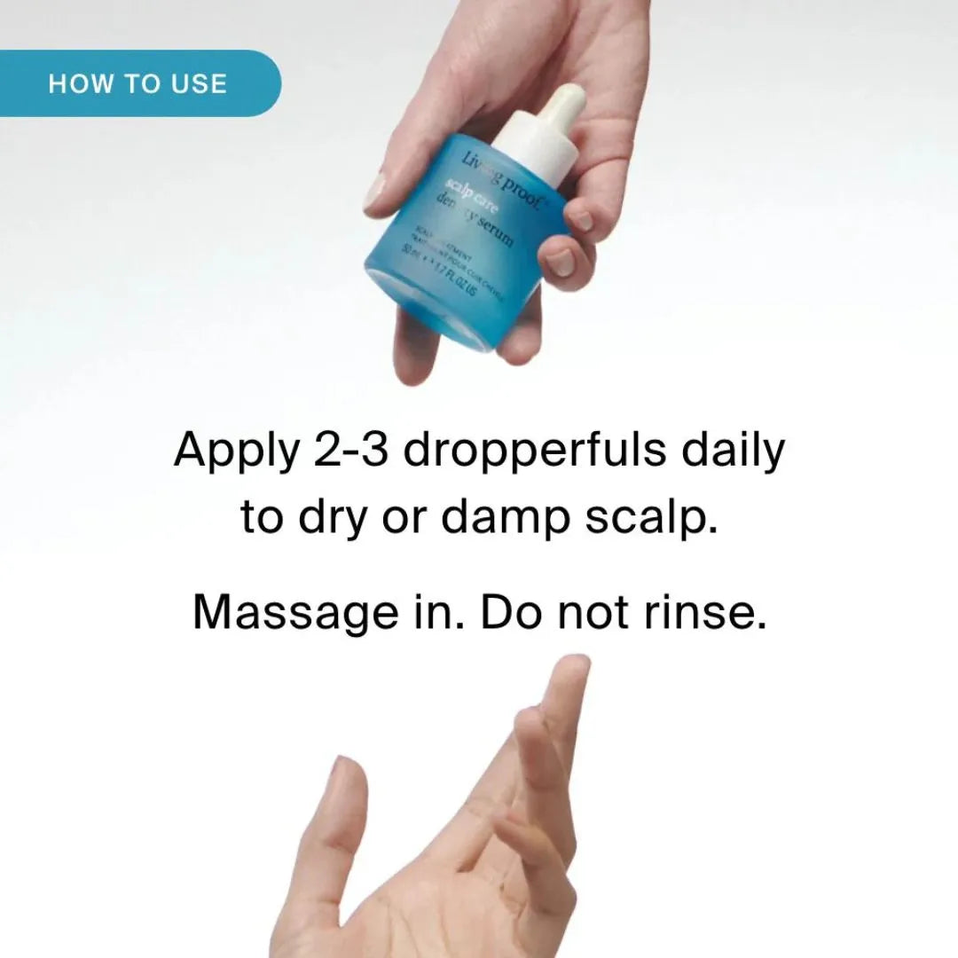 Hand holding a blue bottle with instructions on how to use it, set against a white background.