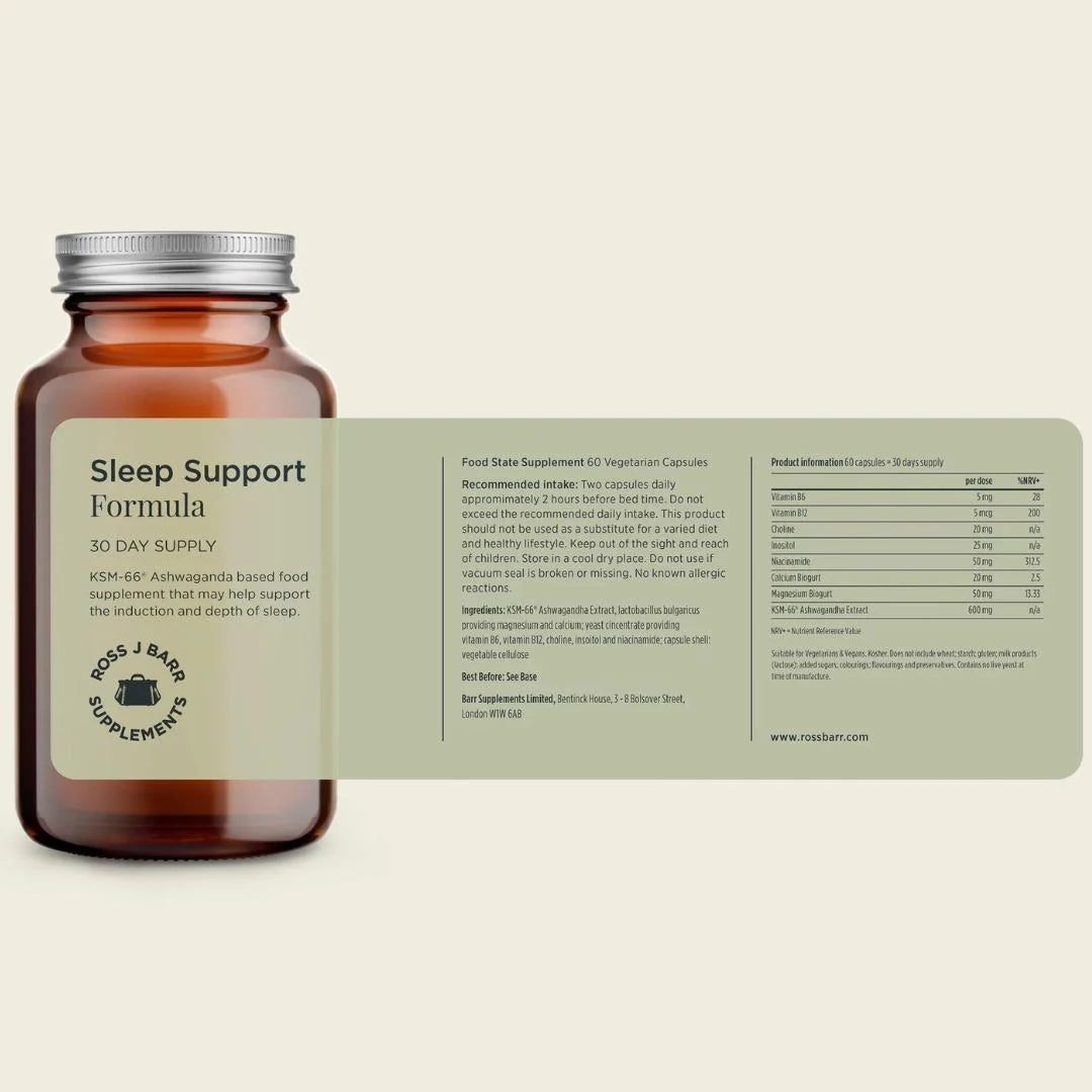 Ross J. Barr Sleep Support Formula 60 capsules – key benefits infographic: supports natural sleep quality, relaxation and sleep onset with botanical complex