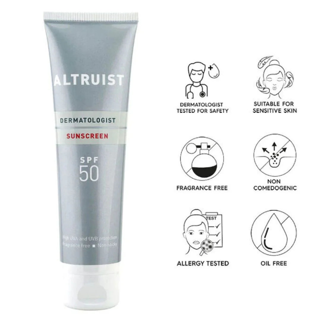 Altruist Dermatologist Sunscreen SPF 50 100ml – key benefits infographic: broad-spectrum SPF 50 UVA/UVB protection, dermatologist tested and suitable for all skin types