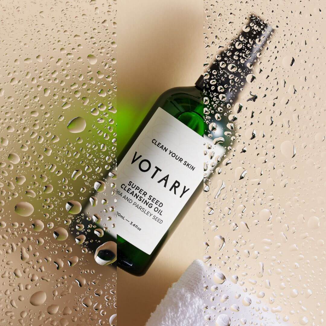 Votary Super Seed Cleansing Oil Chia & Parsley Seed 100ml – lightweight oil texture swatch on white background