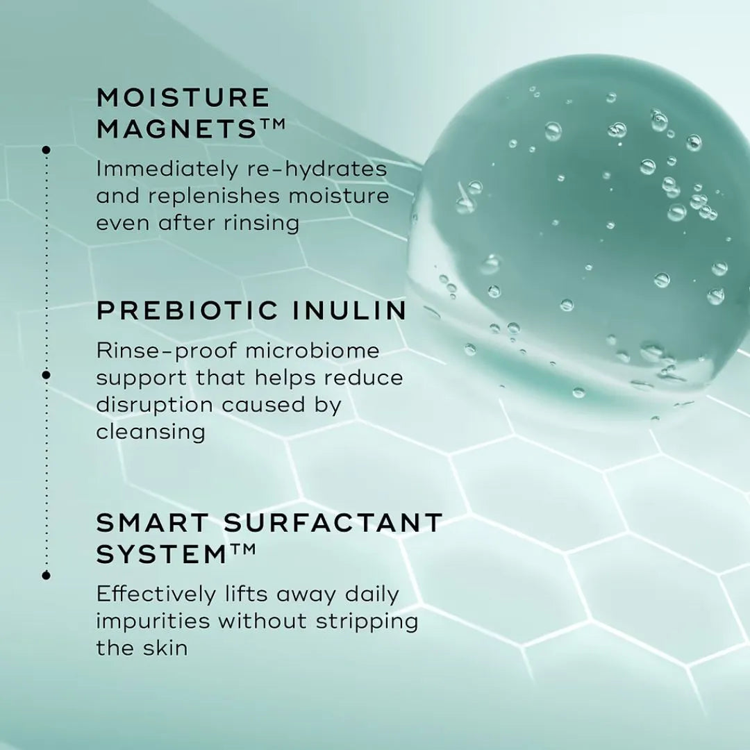 A promotional graphic for a skincare product with three text callouts on a pale aqua background: Moisture MagnetsTM, Prebiotic Inulin, and Smart Surfactant SystemTM, alongside a large translucent droplet with bubbles.