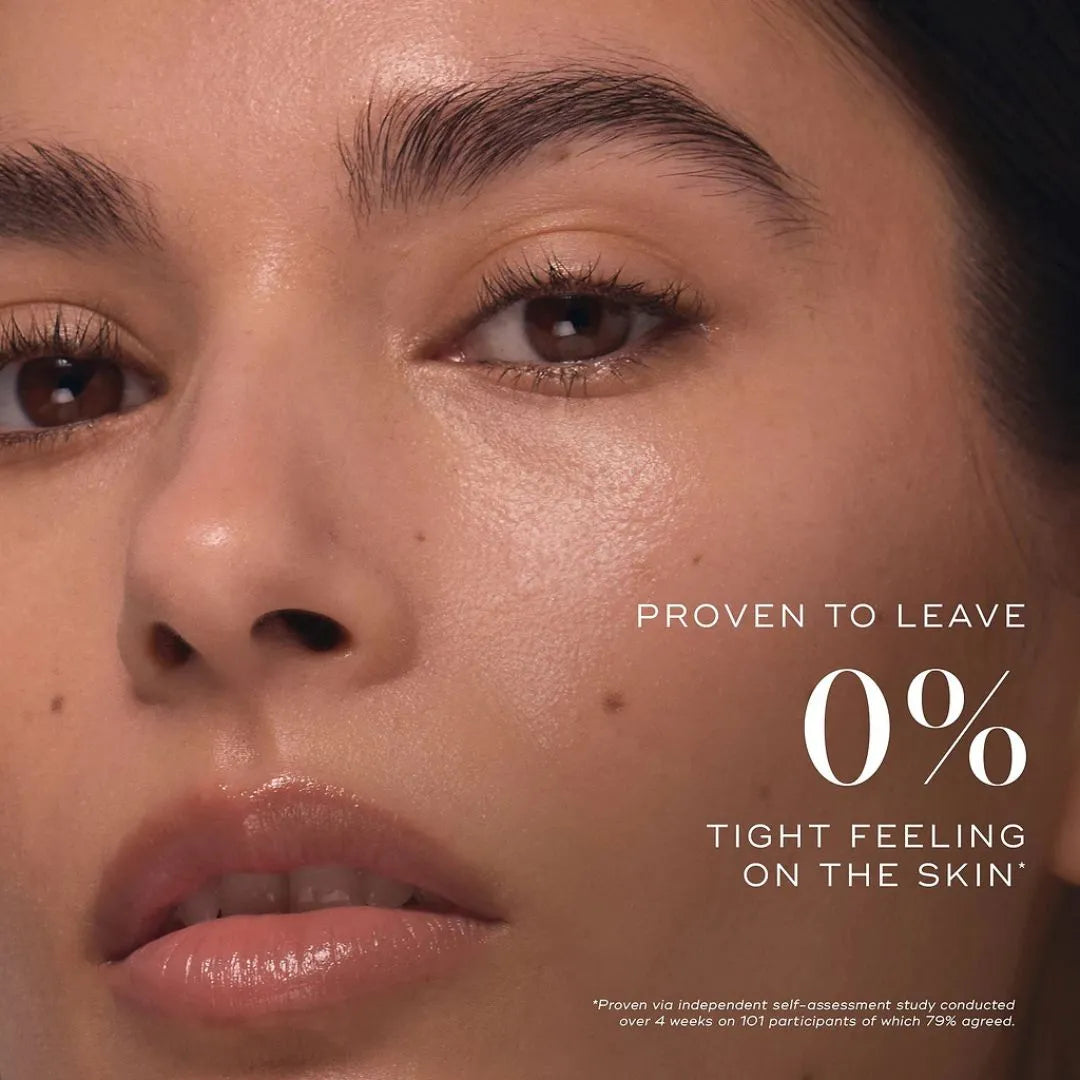 Close-up of a person's face with text claiming no tight feeling on skin.