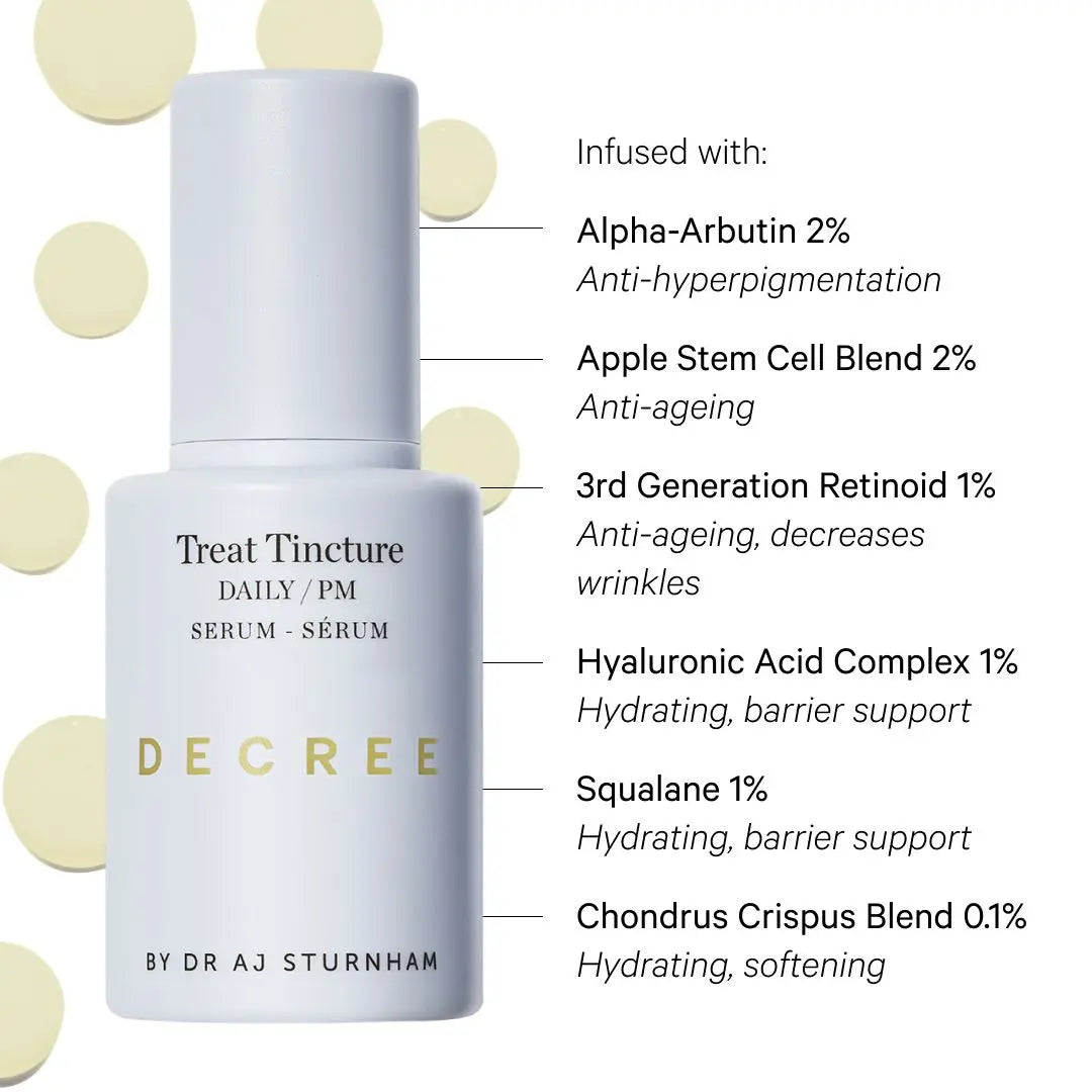 Decree Treat Tincture a lightweight yet potent serum designed to calm inflammation, support skin repair, and enhance radiance.