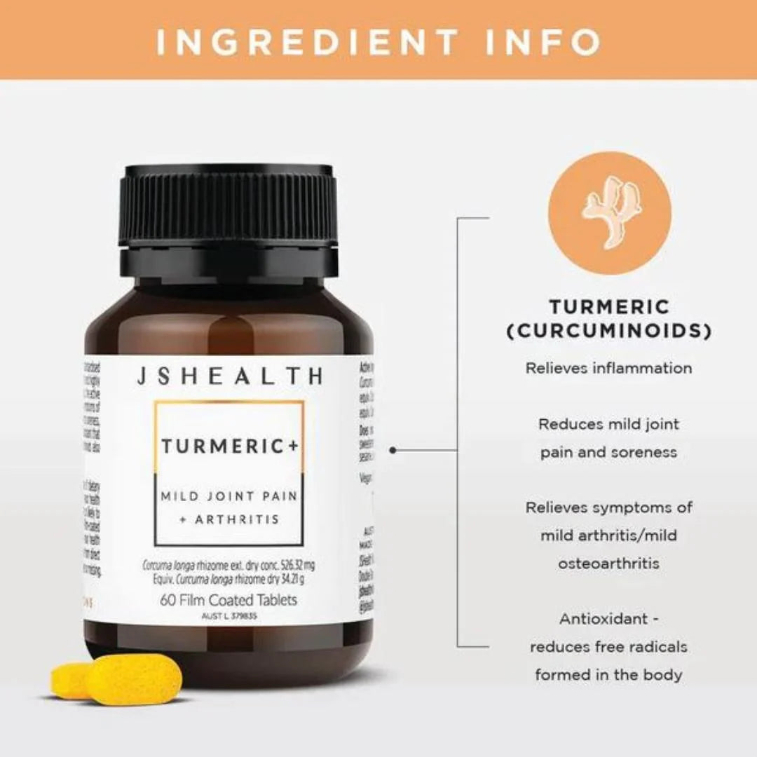 JSHealth Curcumin Turmeric+ for Joint Pain 60 Tablets – lifestyle flat lay: bottle with turmeric root and anti-inflammatory wellness styling
