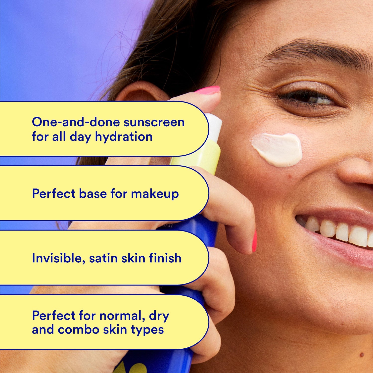 Person applying sunscreen to face with text highlighting benefits