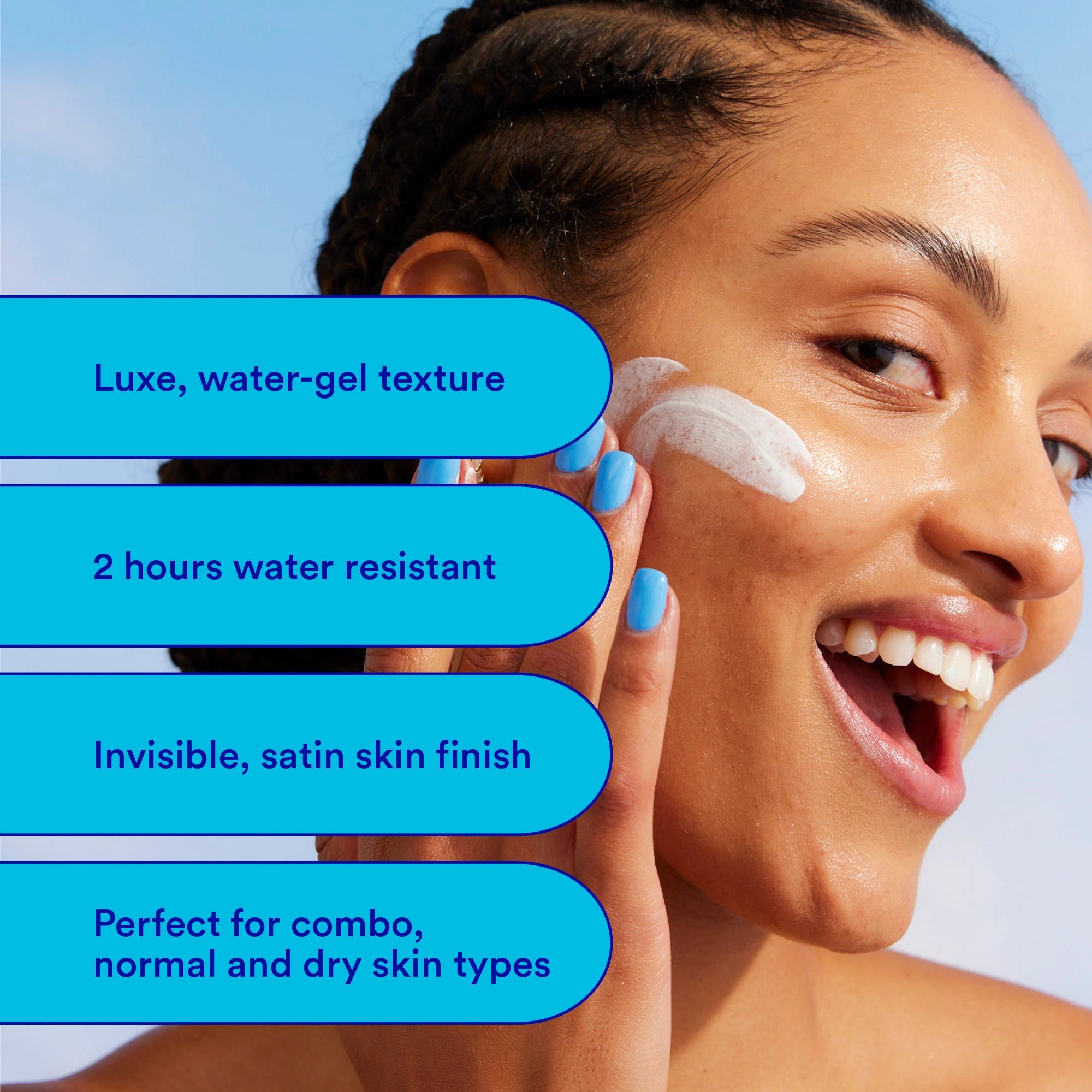 Woman applying Ultra Violette Vibrant Screen SPF50, key features shown