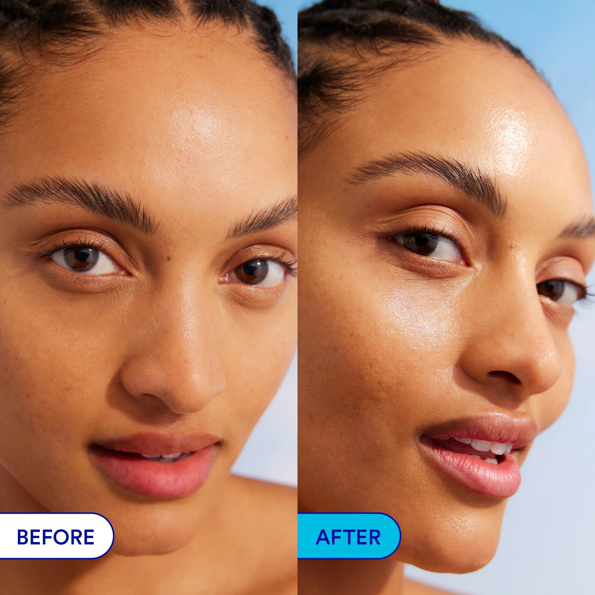 Before and after comparison using Ultra Violette Vibrant Screen SPF50