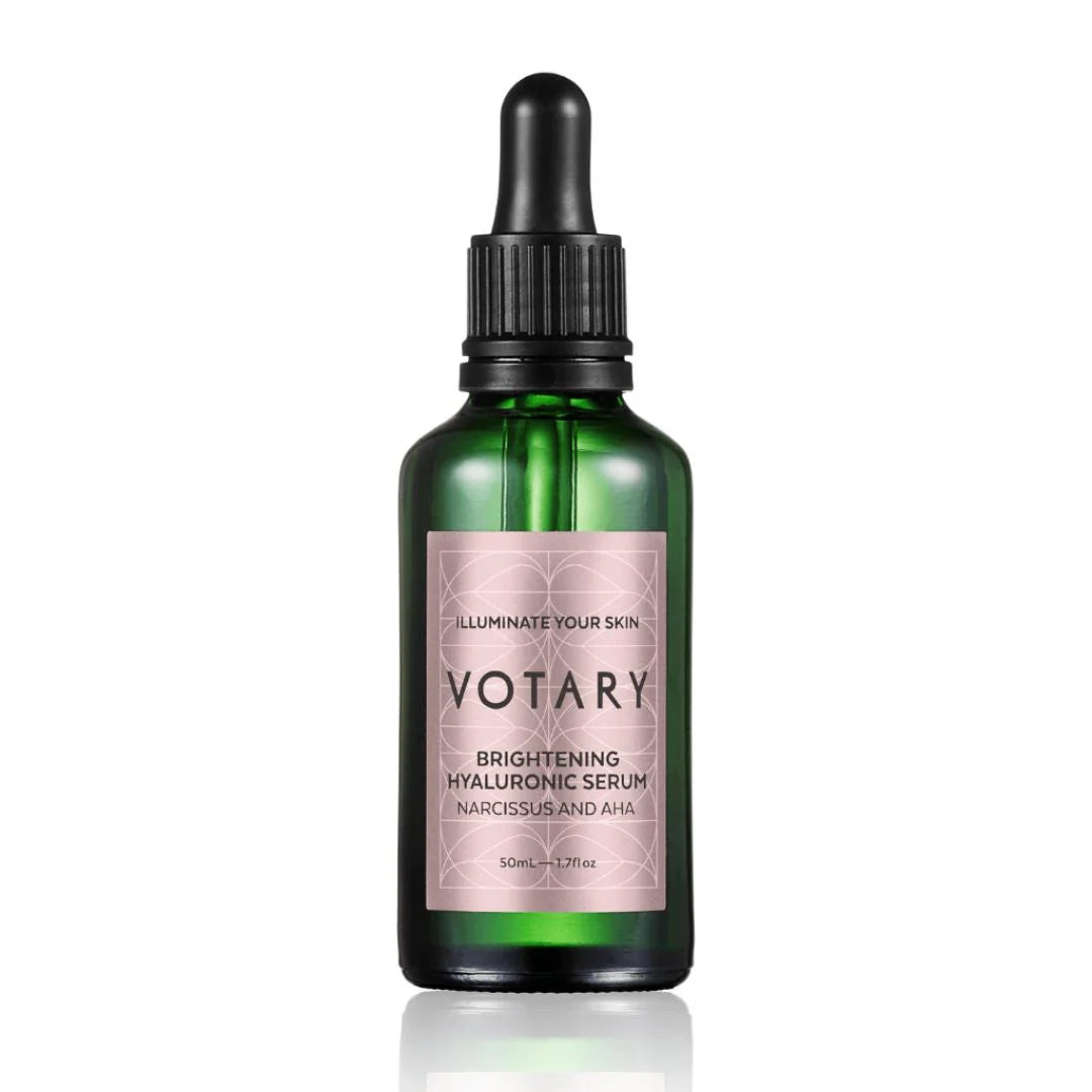 Votary Brightening Hyaluronic Serum Narcissus & AHA 50ml – verified customer reviews panel on light background