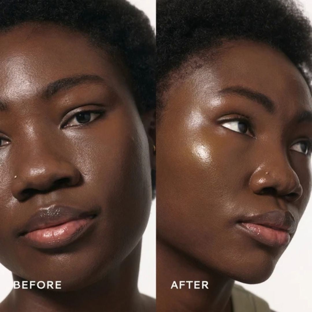 Before and after close-up comparison of a woman's face showing a makeup or skin finish transformation, with the left side labeled BEFORE and the right side labeled AFTER.
