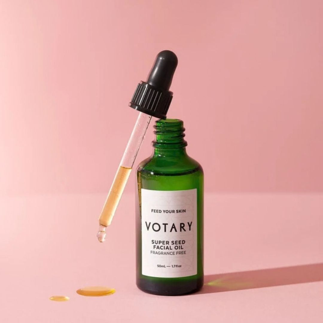 Votary Super Seed Facial Oil fragrance-free face oil with dropper and golden oil texture