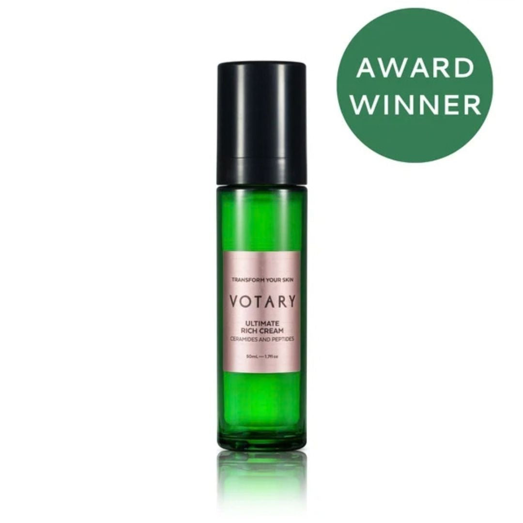 Votary Ultimate Rich Cream with ceramides and peptides award-winning moisturiser in green 50ml pump bottle