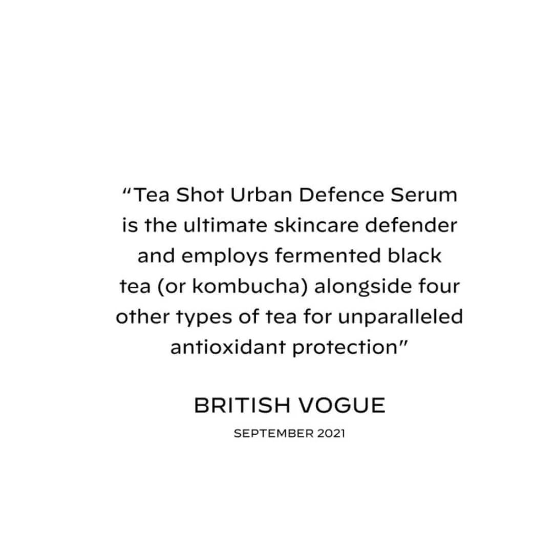 Zelens Tea Shot Urban Defence Serum 10ml – press quote: British Vogue September 2021 naming Tea Shot Urban Defence Serum the ultimate skincare defender