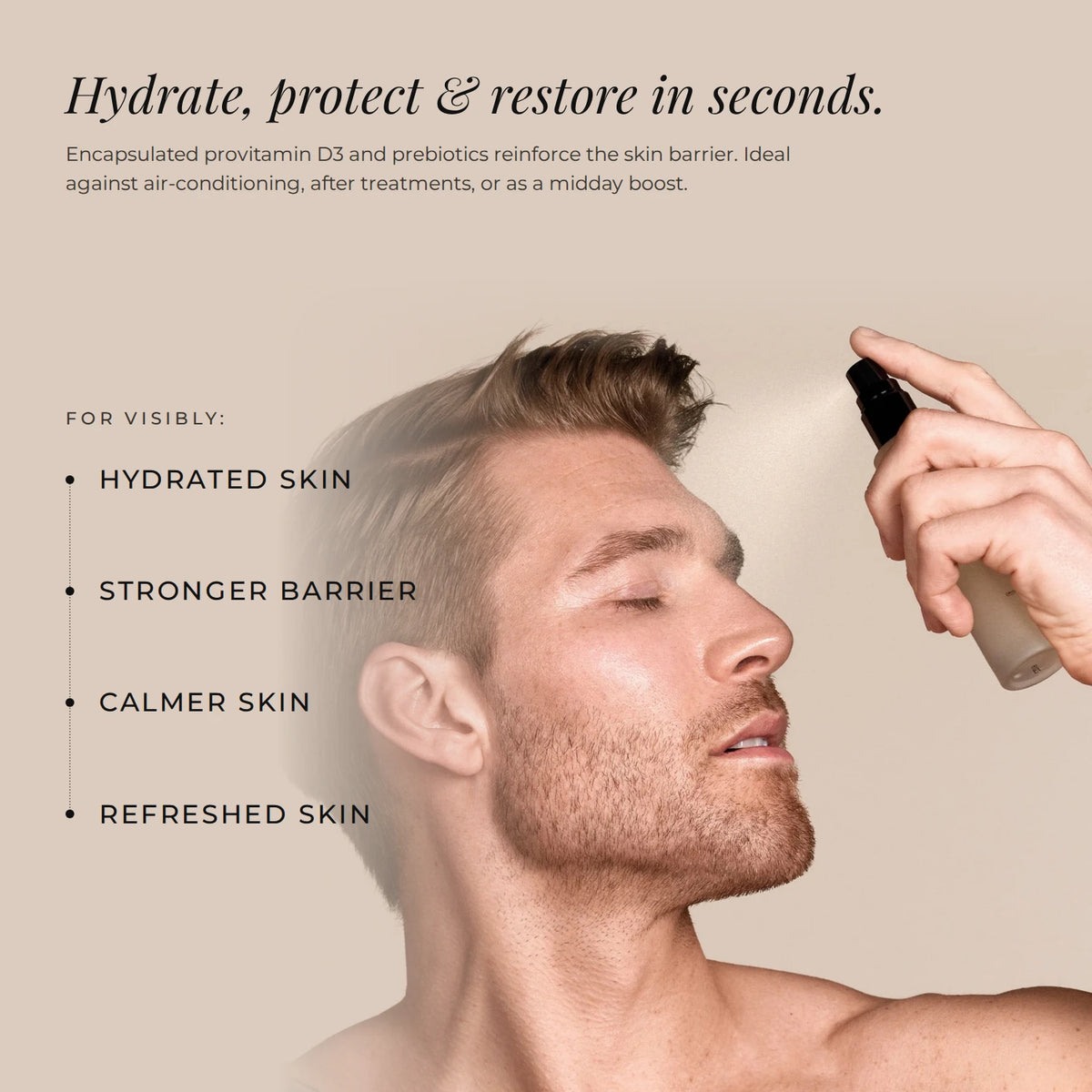 Zelens Provitamin D3 Fortifying Mist: hydrate, protect and restore in seconds with encapsulated provitamin D3 and prebiotics, for visibly hydrated, calmer, refreshed skin and a stronger barrier