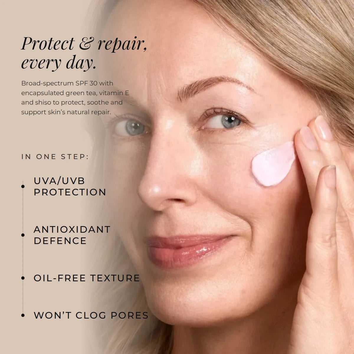 Zelens Daily Defence SPF 30: protect and repair every day with green tea, vitamin E and shiso. UVA/UVB protection, antioxidant defence, oil-free texture that won't clog pores
