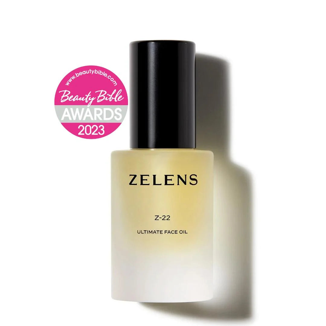 Zelens Ultimate Face Oil Z-22 in a frosted glass bottle with a black cap, shown on a white background with a pink Beauty Bible Awards 2023 badge.