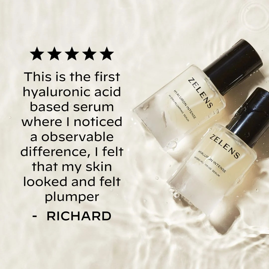 Zelens Hyaluron Intense Hydro-Plumping Serum 30ml – verified customer reviews panel with five-star rating on white background