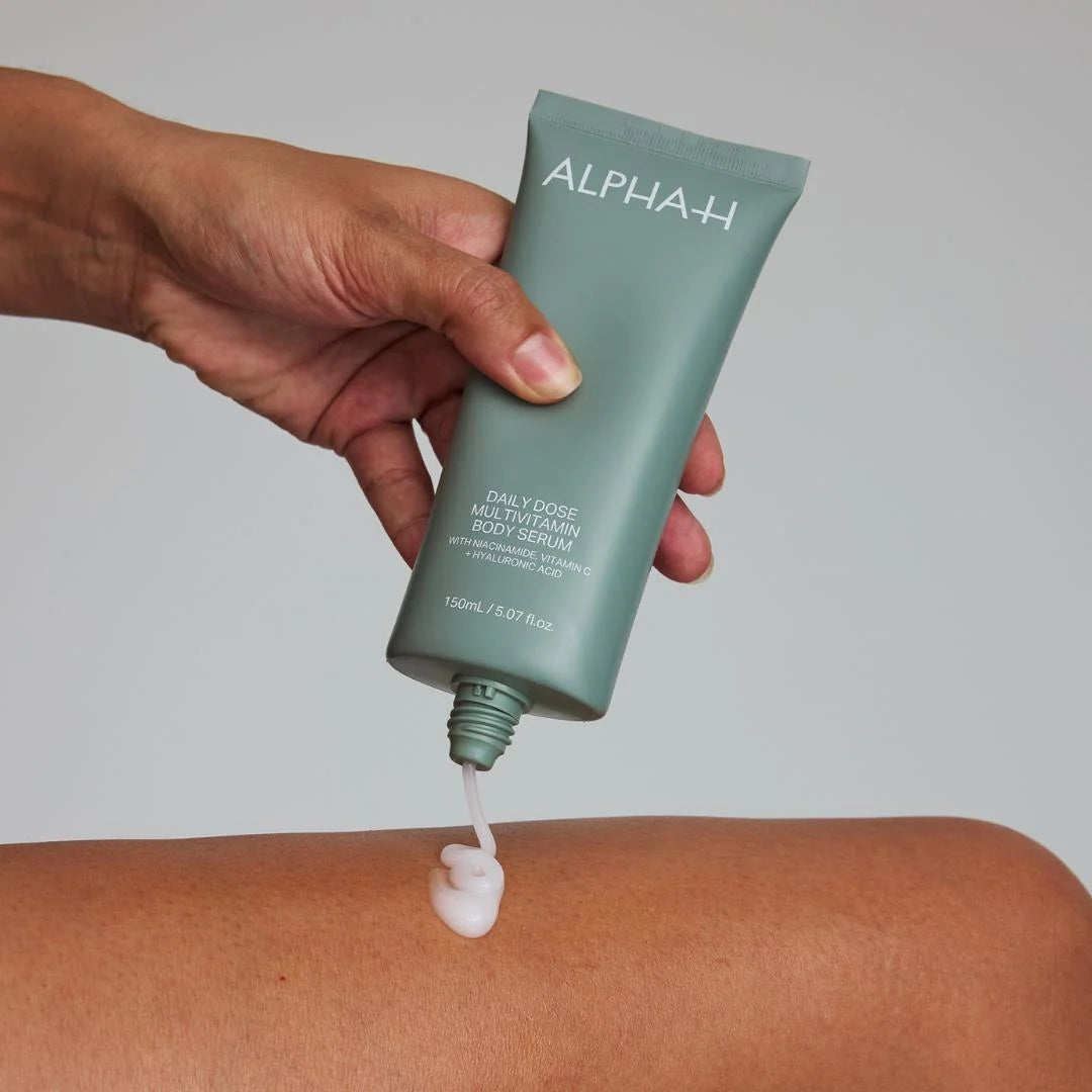 Alpha-H Daily Dose Multivitamin Body Serum 150ml – how to use infographic: apply to cleansed body skin morning or evening after showering