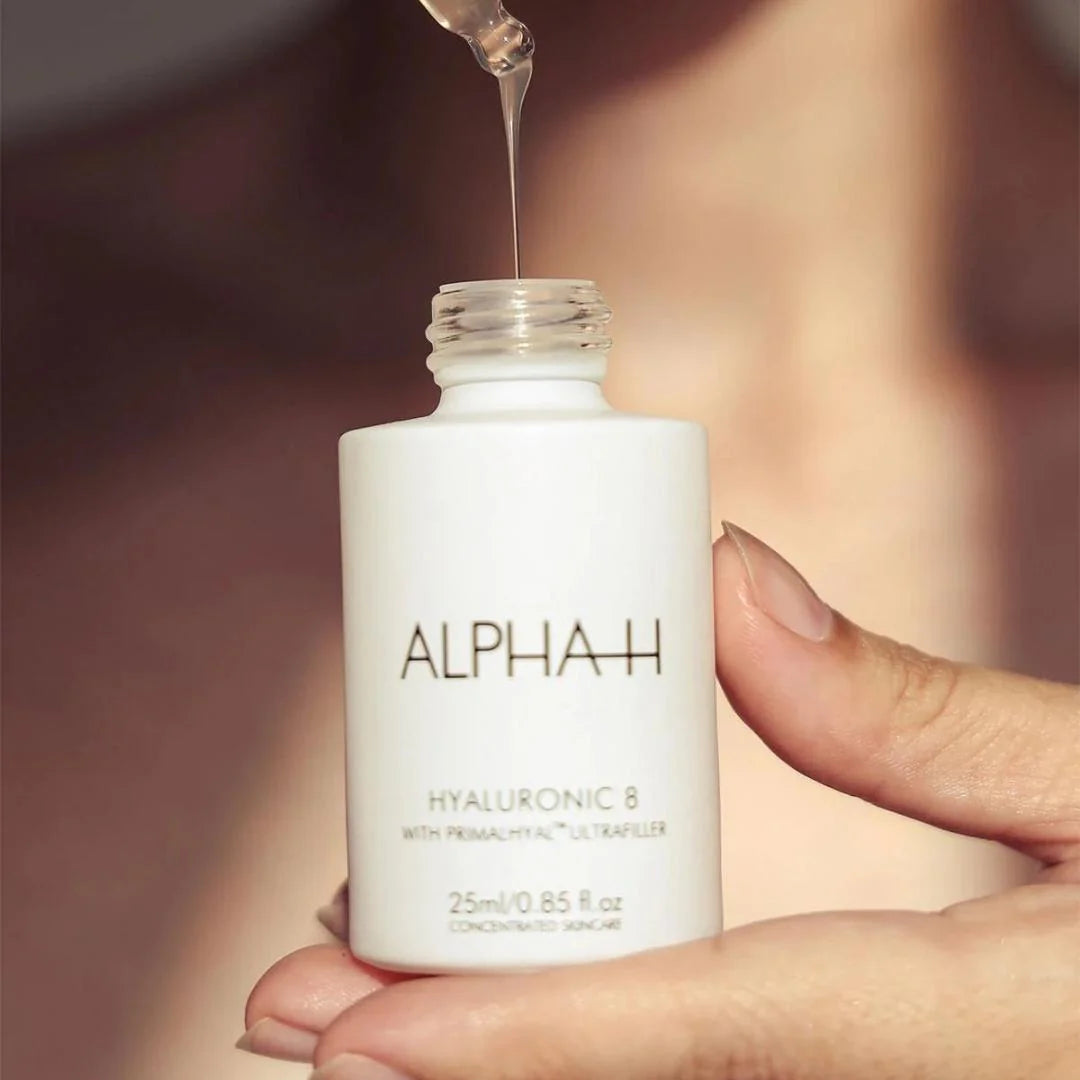 Alpha-H Hyaluronic 8 Super Serum 25ml – how to use infographic: apply morning and evening to cleansed skin before moisturiser