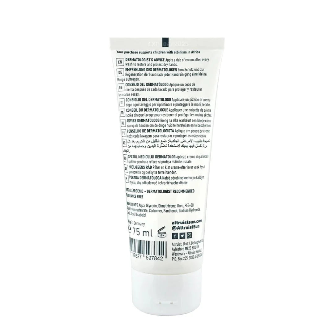 Altruist Dermatologist Hand Repair Cream with 10% Urea 75ml – key benefits infographic: intensely repairs and softens dry, rough hands with 10% urea