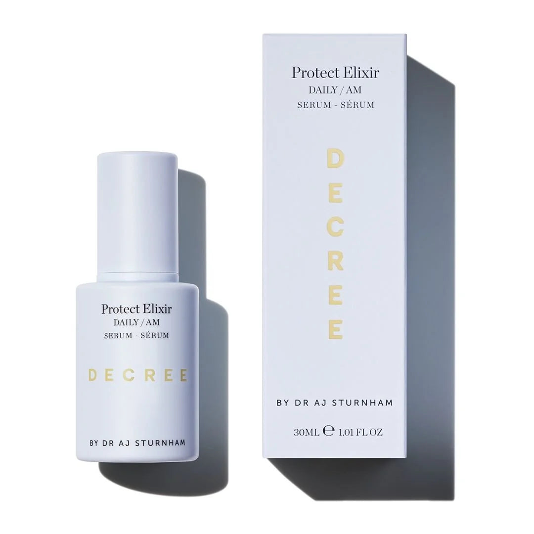 Decree Protect Elixir Serum AM Vitamins C B and E 30ml – front-of-pack product bottle shot on white background