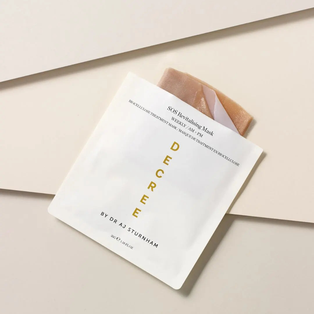 Decree SOS Revitalising Mask Single 35g – key benefits infographic: intensive SOS mask to revitalise dull, stressed and fatigued skin in one treatment